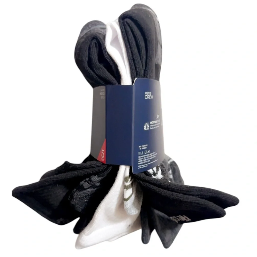 Reebok High Crew Socks - 5Pk Blk, Gray, White Performance Training Size 6-12
